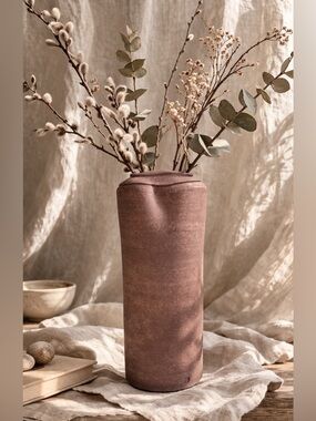 Vintage Art Pottery Vase | Brown Sculptural Cylinder | Wabi Sabi Decor